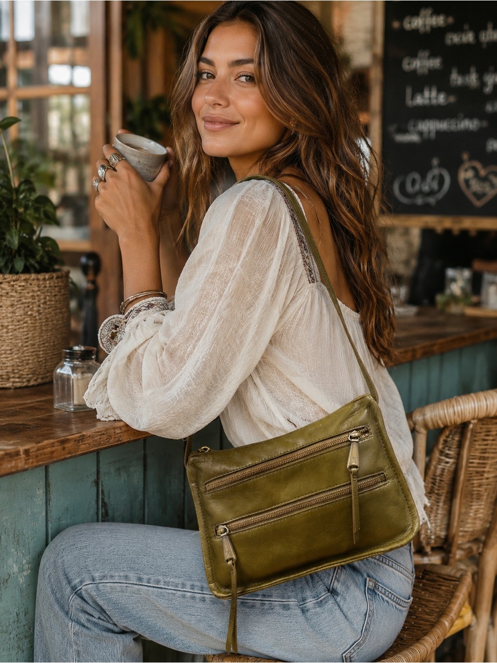 HOBO Mission Genuine Leather Shoulder/Crossbody Bag in Olive Green